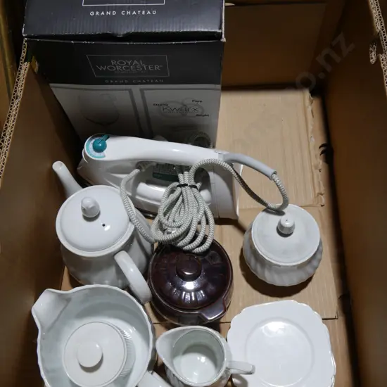 Steam iron, teapot, lidded jars etc