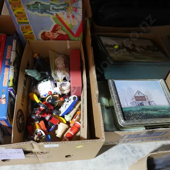 Two boxes of tins and toys etc
