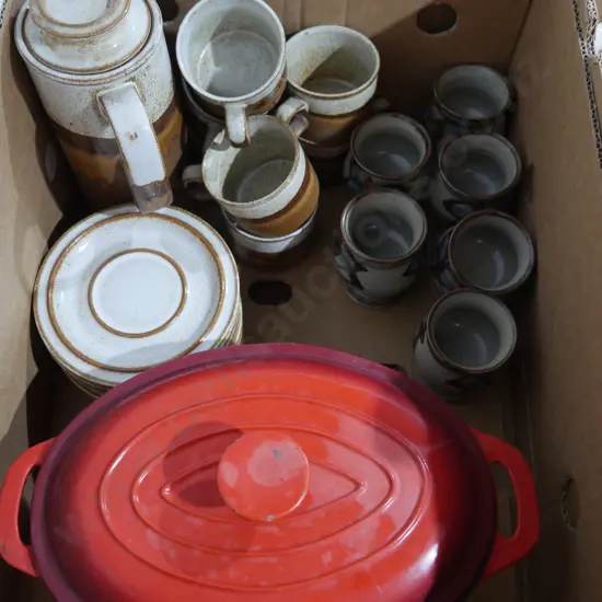 Cast pot and pottery tea set