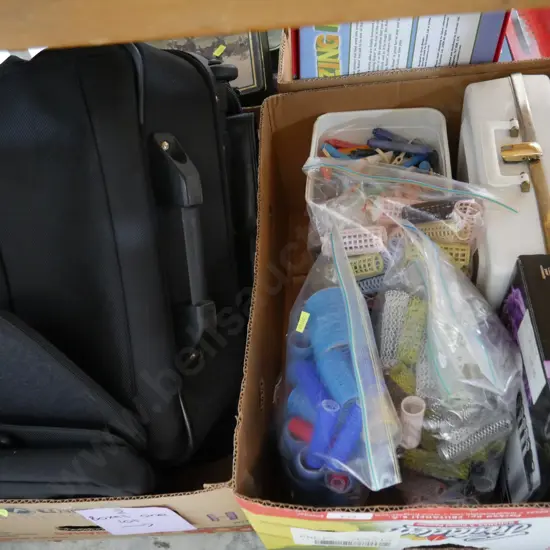 Two boxes of bags, hair rollers etc