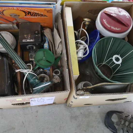 Two boxes of glassware, lamp etc