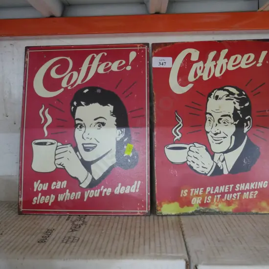 2 coffee tin signs