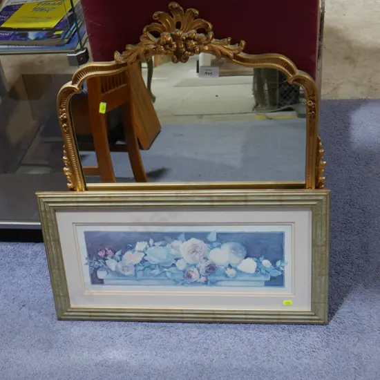 Gilt framed mirror and artwork