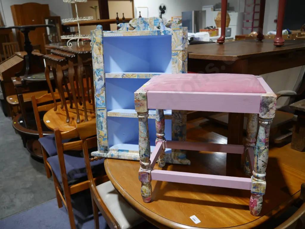 Decorated wall shelf and stool Image 1++