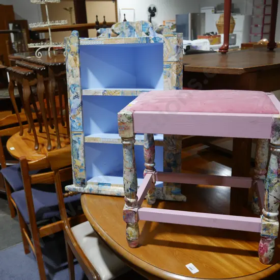 Decorated wall shelf and stool
