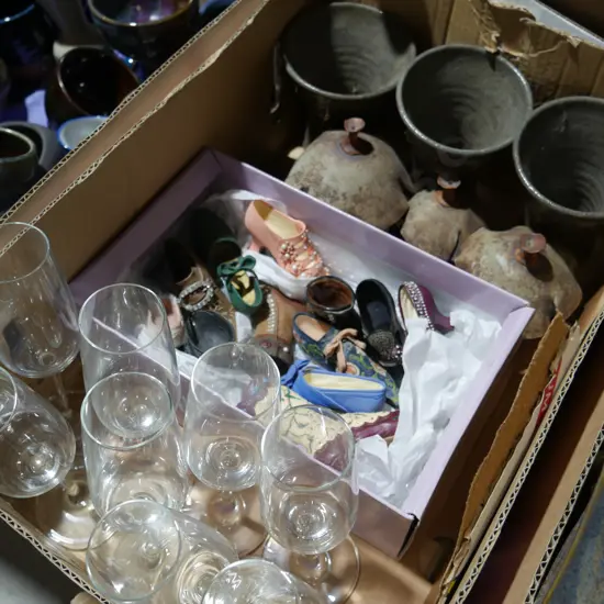 Shoes, studio pottery etc