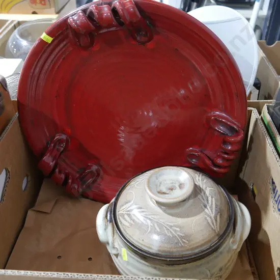 Large red pottery platter, lidded casserole