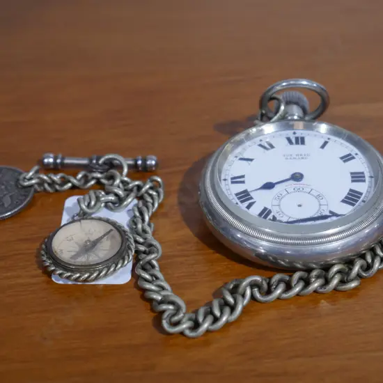 Vintage pocket watch with fob chain and compass
