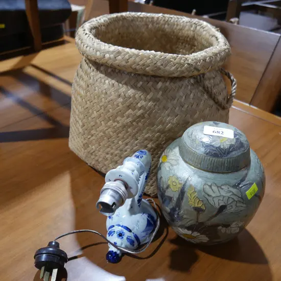 Brass ginger jar, woven bag etc