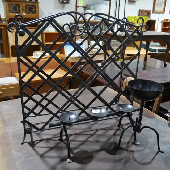 Metal wine rack and candlesticks etc
