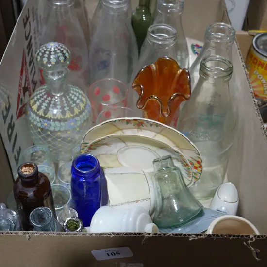 Glassware, bottles, tin sign etc