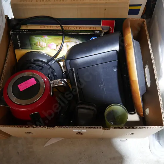 Electric jug, clock, books etc