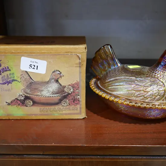 Boxed carnival glass hen on nest