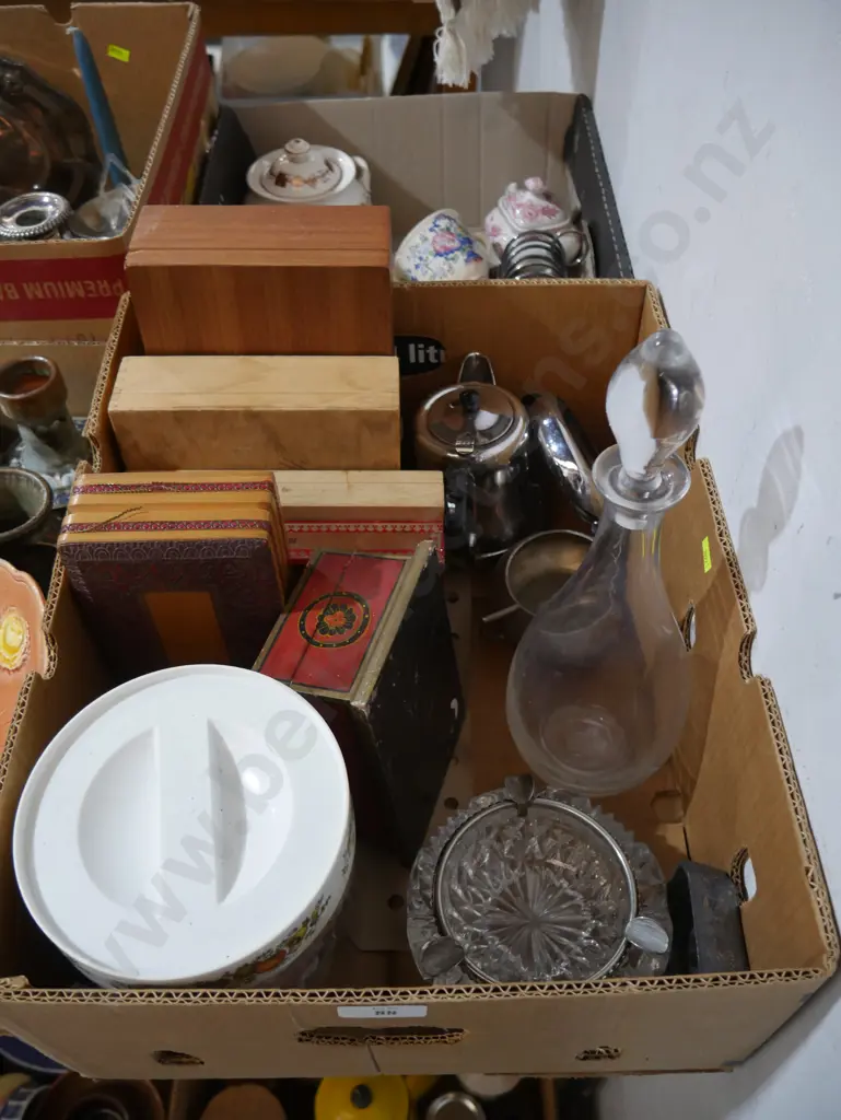 Glass decanter, paua shells, wooden boxes Image 1++