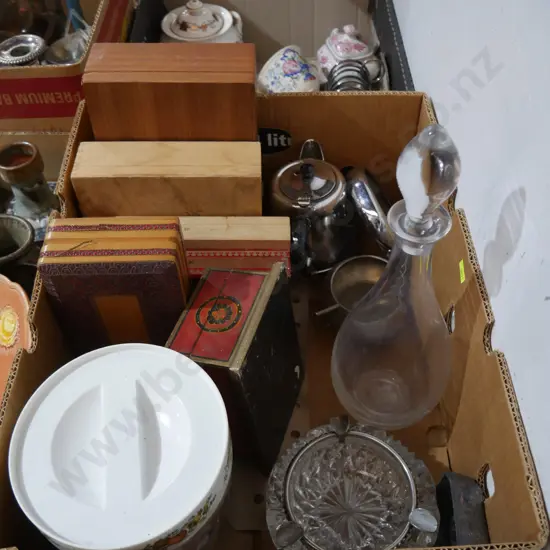 Glass decanter, paua shells, wooden boxes