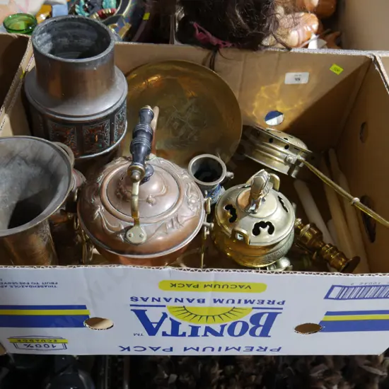 Brassware, copper spirit kettle etc
