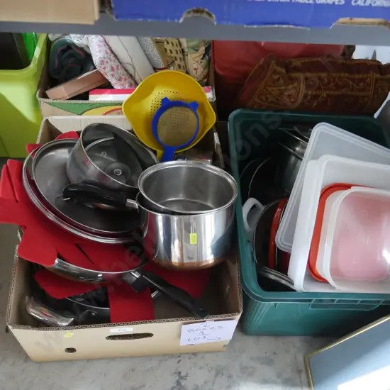 Two boxes of pots and Tupperware