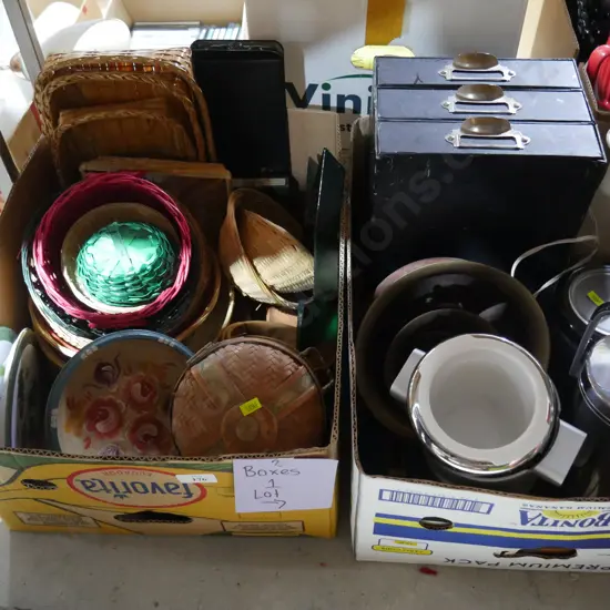 Two boxes of baskets etc