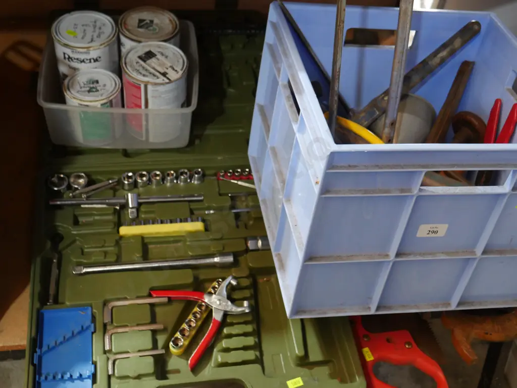 Assorted tools, paint, socket set and saws Image 1++