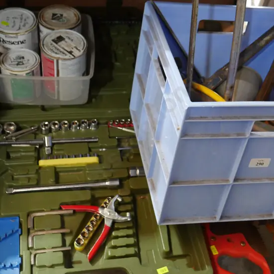 Assorted tools, paint, socket set and saws