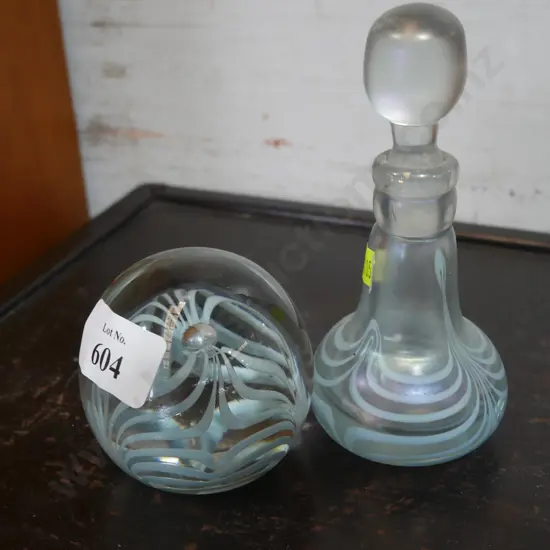 Glass bottle and paperweight signed