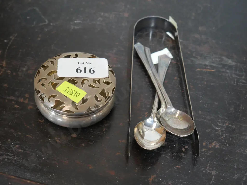 Sterling silver trinket box, tongs etc Image 1++