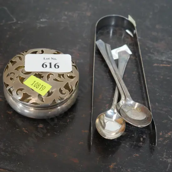 Sterling silver trinket box, tongs etc