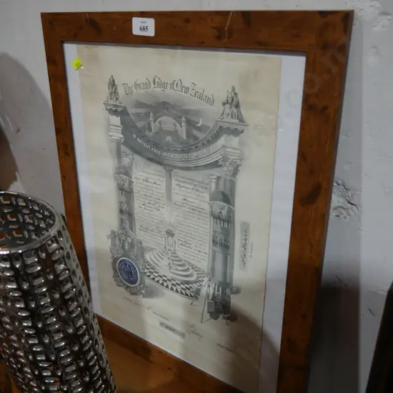The Grand Lodge of New Zealand framed certificate