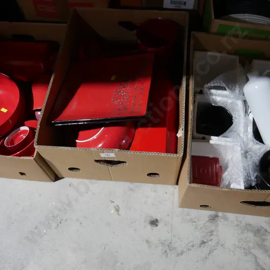3 boxes red tableware, modern vases etc