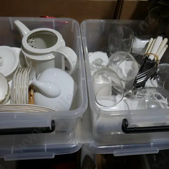 2 bins china, cutlery etc