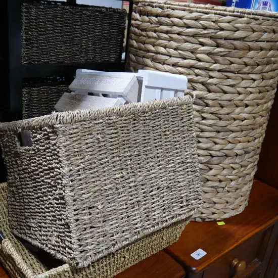 Cane baskets, metal and wooden crates
