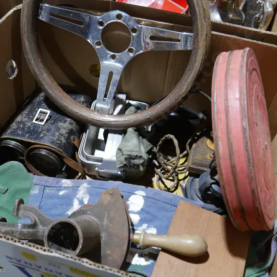 Vintage steering wheel, binoculars etc