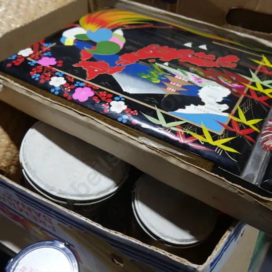 Wicker bag, instruments, oriental photo album etc