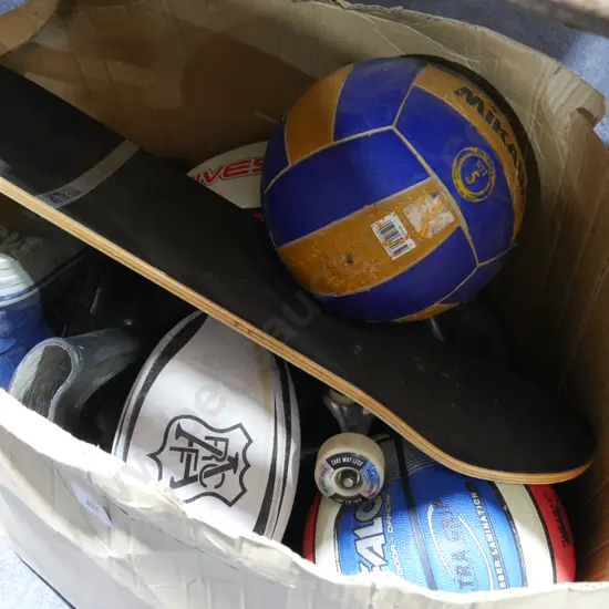 Balls, skateboard, gumboots
