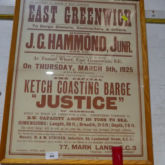 Framed 1925 auction notice to sell a barge