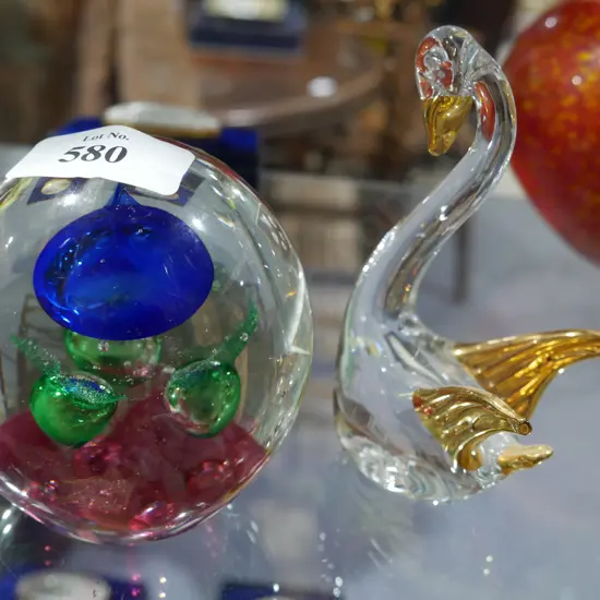 Glass paperweight and glass swan