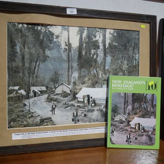 New Zealand heritage The making of a nation book and Camp life in NZ bush artwork
