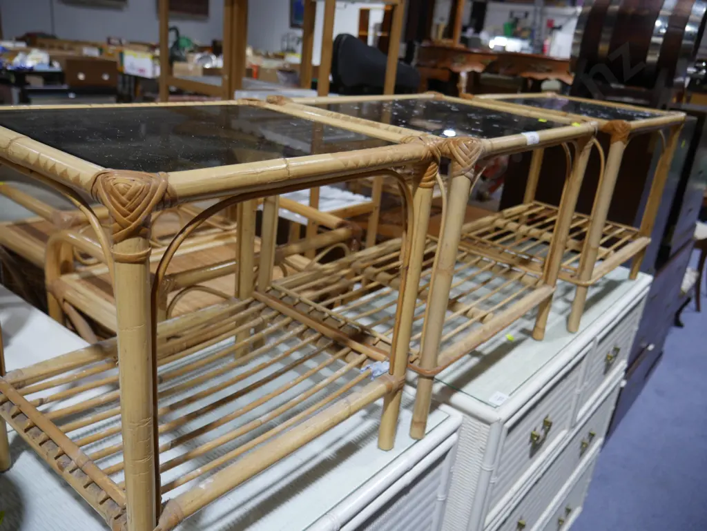 3 cane glass topped side tables Image 1++