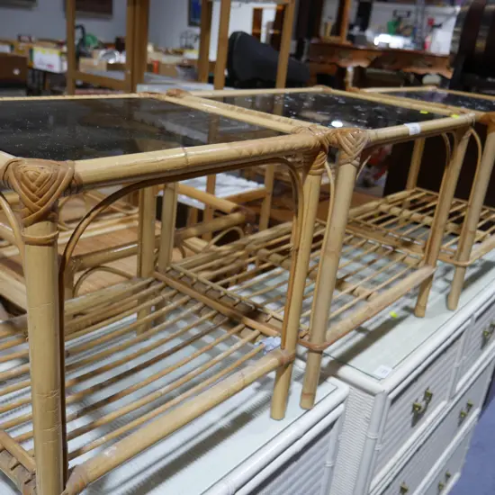 3 cane glass topped side tables