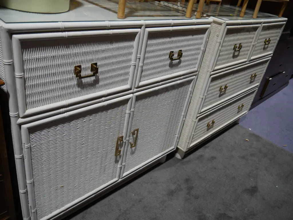 2 white painted cane drawer & cupboard units Image 1++