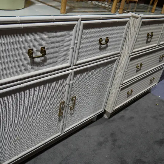 2 white painted cane drawer & cupboard units