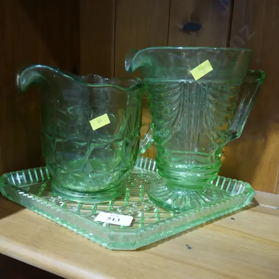 Green depression glass jugs etc
