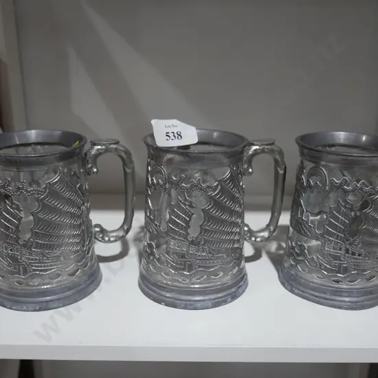 3 glass and pewter mugs