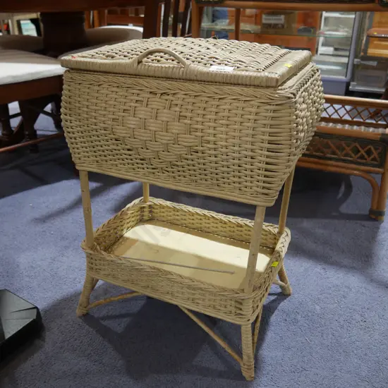 Cane sewing basket and contents