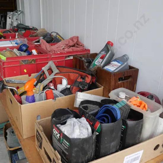 Everything on table top, red bins, boxes, tools etc