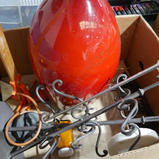 Red vase, metal stands etc