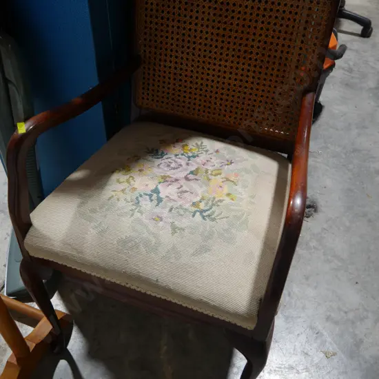 Cane back needlework upholstery arm chair