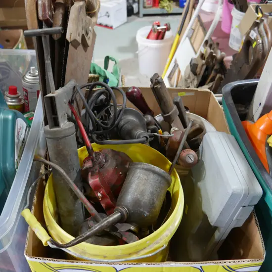 Oil cans, saws etc