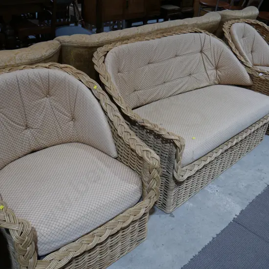 3 piece cane lounge suite & glass top coffee table