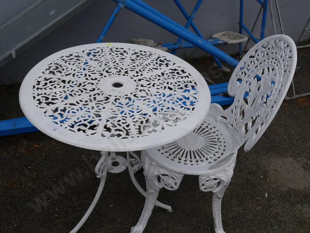 White metal outdoor table and one chair Image 1++